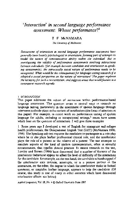 (PDF) Interaction' in second language performance assessment: Whose ...