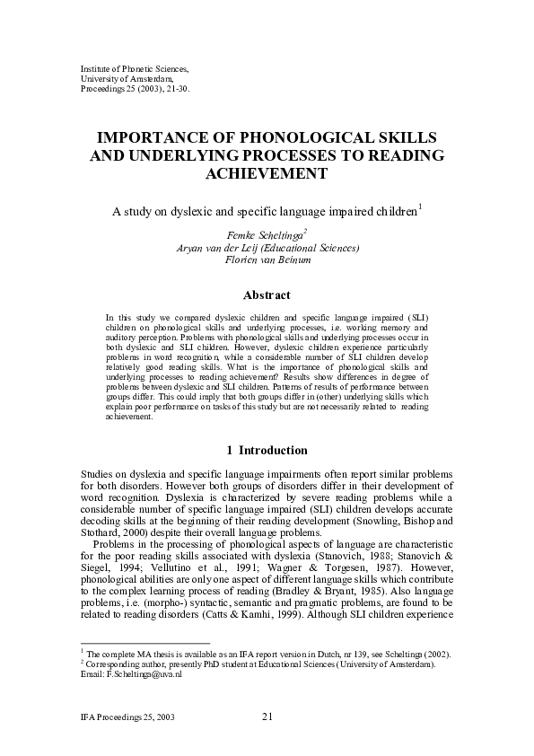 (PDF) Importance of phonological skills and underlying processes to ...