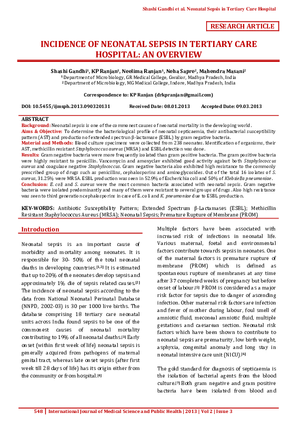(PDF) Incidence of neonatal sepsis in tertiary care hospital: An overview