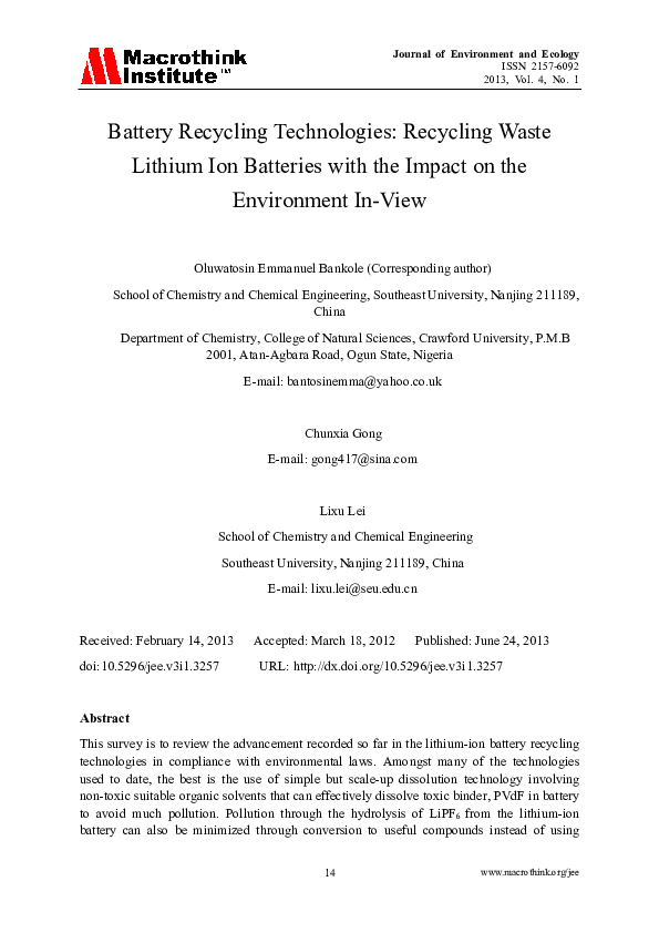 (PDF) Battery Recycling Technologies: Recycling Waste Lithium Ion ...