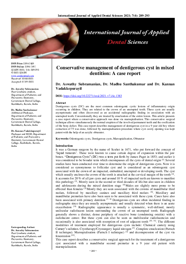 PDF) Conservative management of dentigerous cyst in mixed 