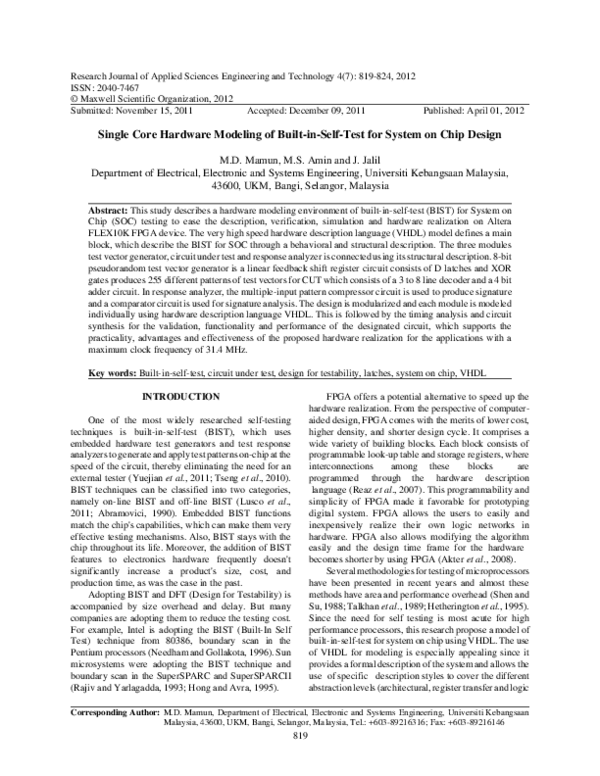 (PDF) Single Core Hardware Modeling of Built-in-Self-Test for System on ...