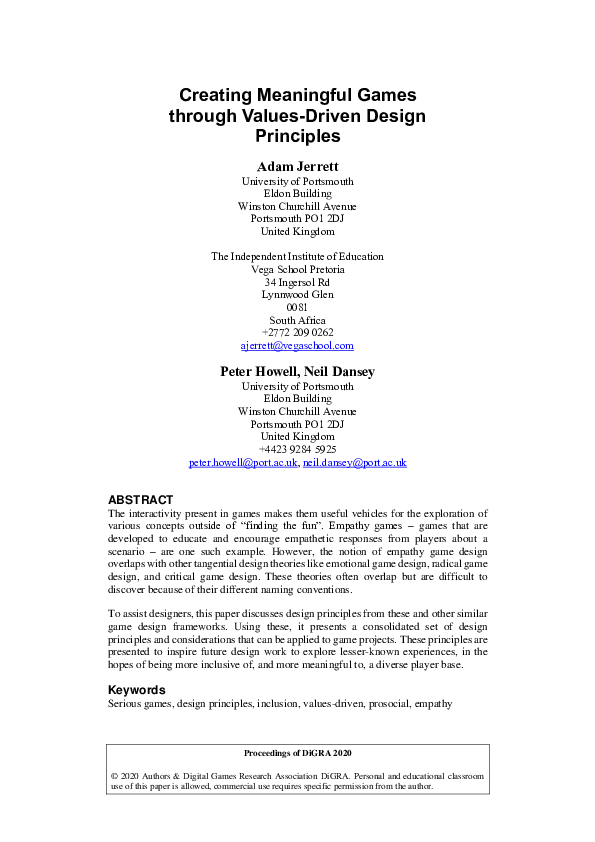 (PDF) Creating Meaningful Games through ValuesDriven Design Principles Peter Howell