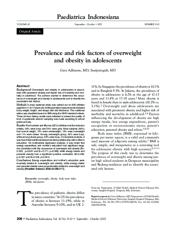 (PDF) Prevalence and risk factors of overweight and obesity in adolescents