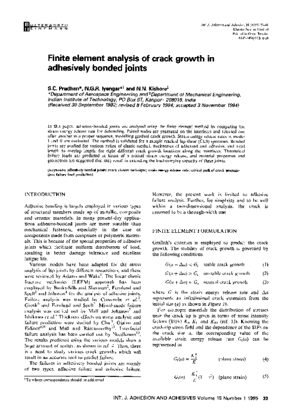 (PDF) Finite element analysis of crack growth in adhesively bonded joints