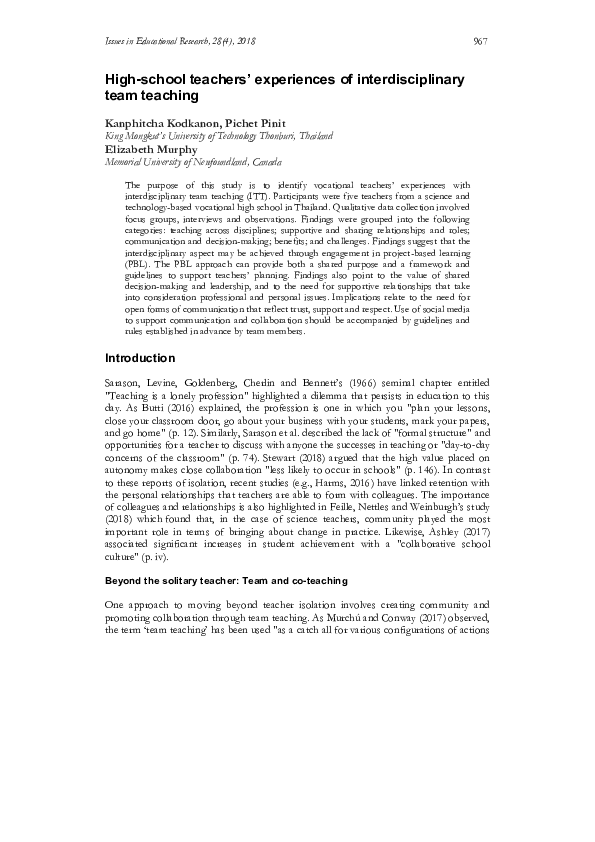 (PDF) High-school teachers' experiences of interdisciplinary team teaching