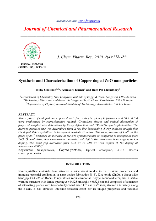 (PDF) Synthesis and Characterization of Copper doped ZnO nanoparticles
