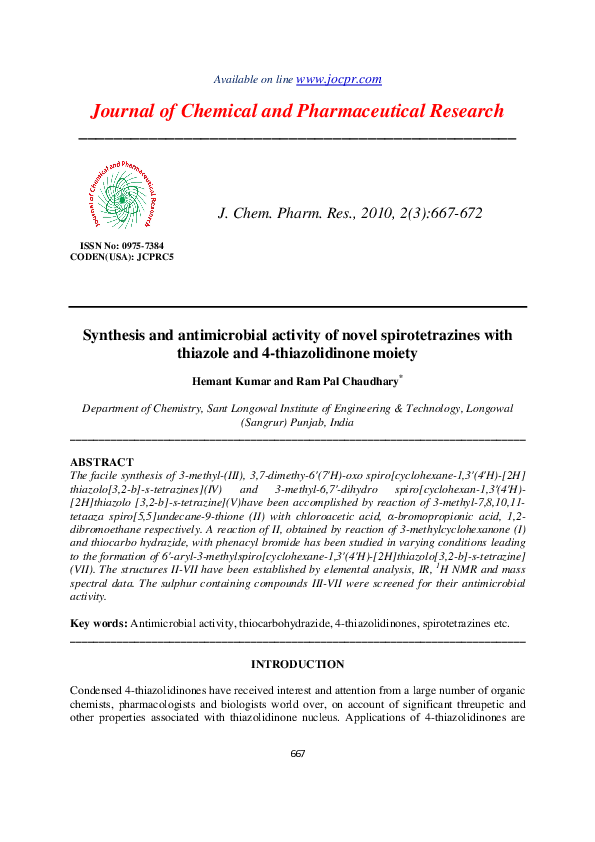 (PDF) Synthesis and antimicrobial activity of novel spirotetrazines ...