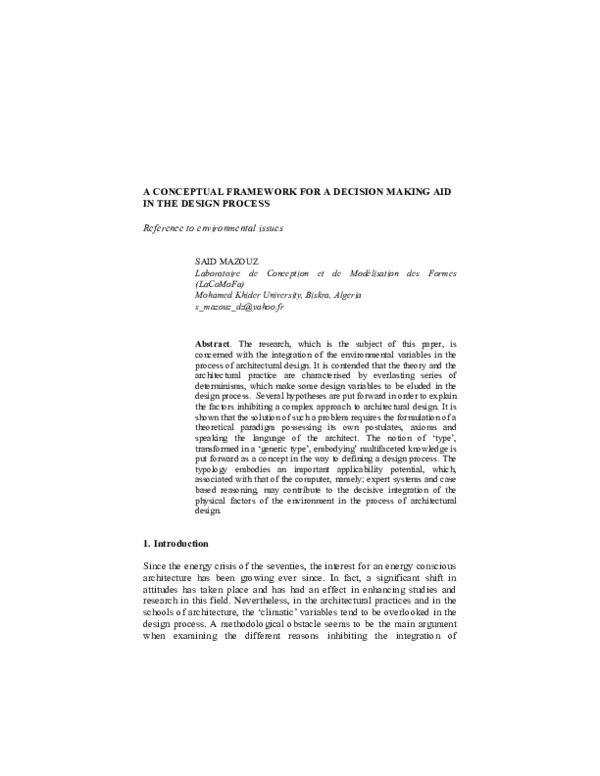 (PDF) A CONCEPTUAL FRAMEWORK FOR A DECISION MAKING AID IN THE DESIGN ...