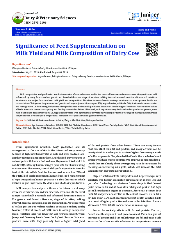 (PDF) Significance of Feed Supplementation on Milk Yield and Milk