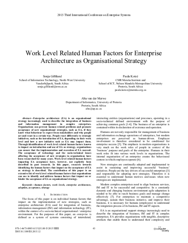 (PDF) Work Level Related Human Factors for Enterprise Architecture as ...