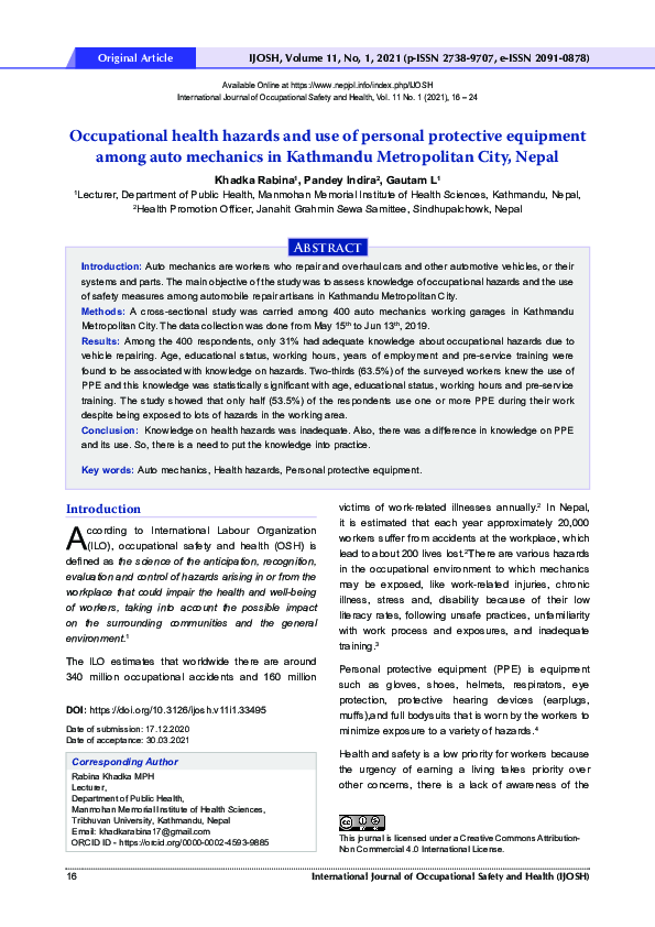 (PDF) Occupational health hazards and use of personal protective ...