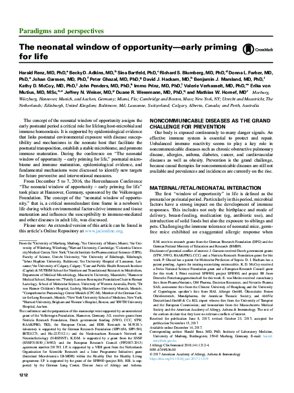 (PDF) The neonatal window of opportunity-early priming for life