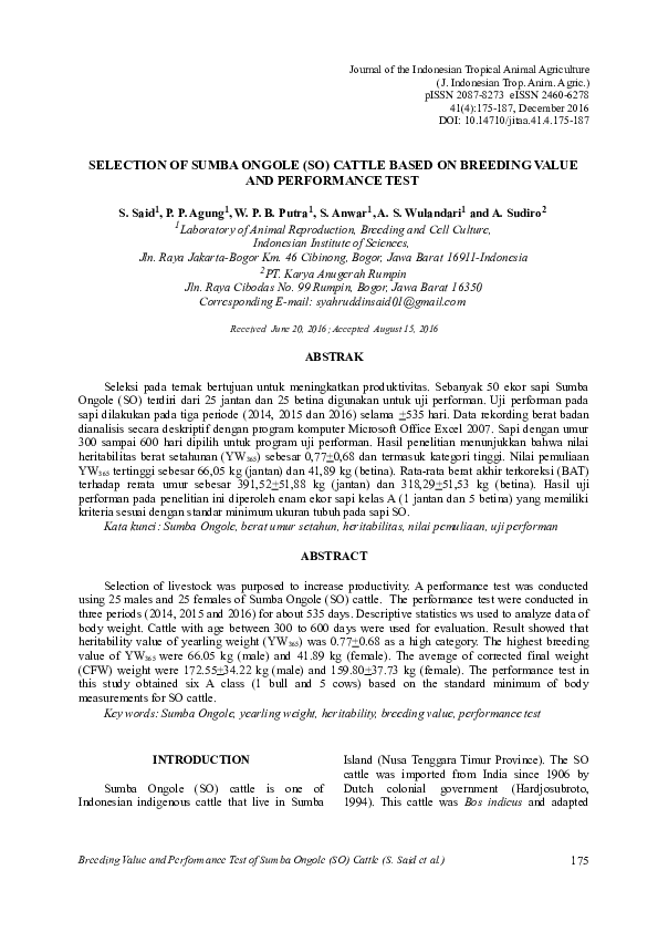 (PDF) Selection of Sumba Ongole (So) Cattle Based on Breeding Value and ...