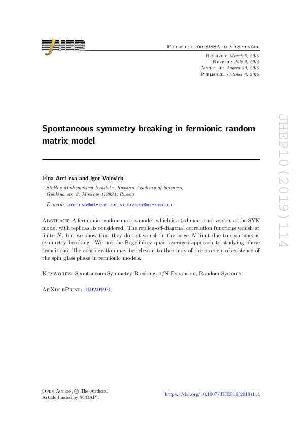 (PDF) Spontaneous symmetry breaking in fermionic random matrix model