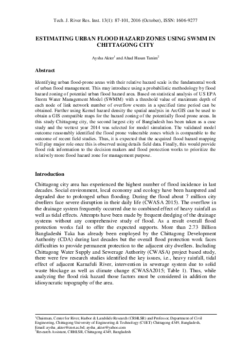 (PDF) Estimating Urban Flood Hazard Zones Using SWMM in Chittagong City