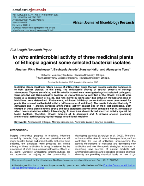 (PDF) In vitro antimicrobial activity of three medicinal plants of ...