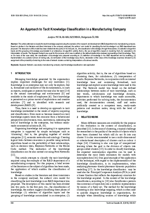 (PDF) An Approach to Tacit Knowledge Classification in a Manufacturing ...