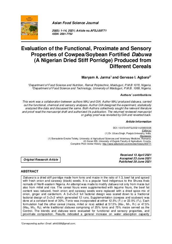 (PDF) Evaluation of the Functional, Proximate and Sensory Properties of ...