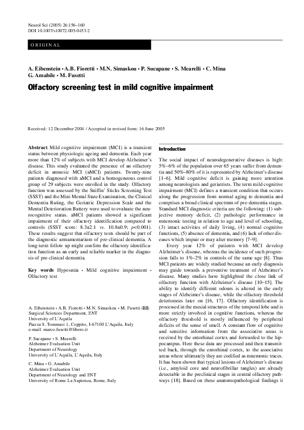 (PDF) Olfactory screening test in mild cognitive impairment