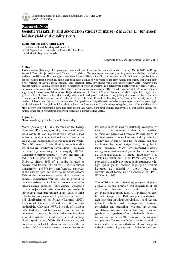 (PDF) Genetic variability and association studies in maize (Zea mays L ...