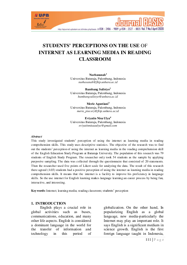 (PDF) Students’ Perceptions on the Use of Internet as Learning Media in ...