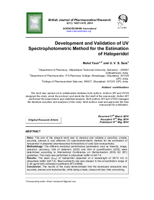 (PDF) Development and Validation of UV Spectrophotometric Method for ...