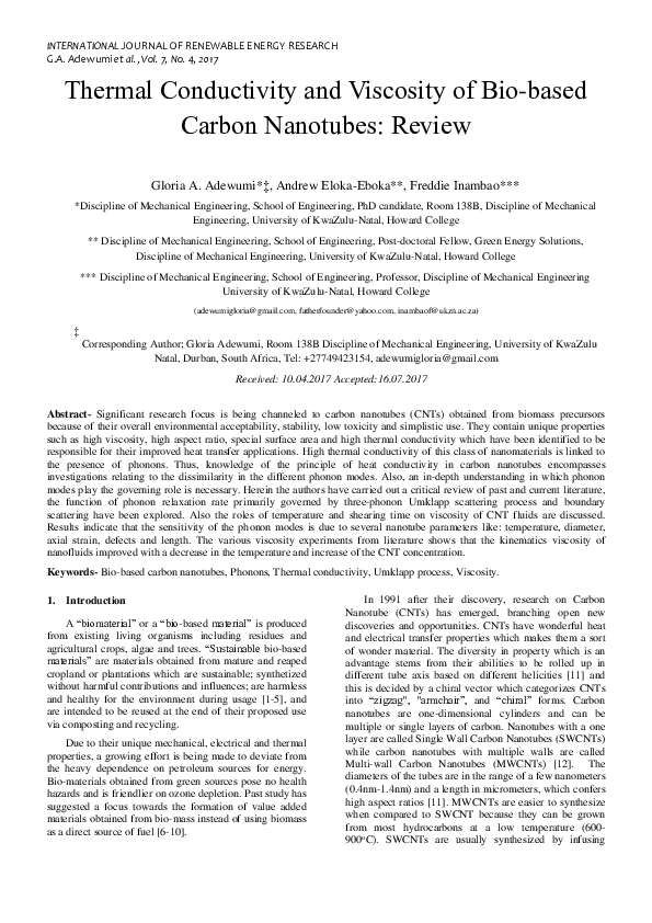 (PDF) Thermal Conductivity and Viscosity of Bio-based Carbon Nanotubes ...
