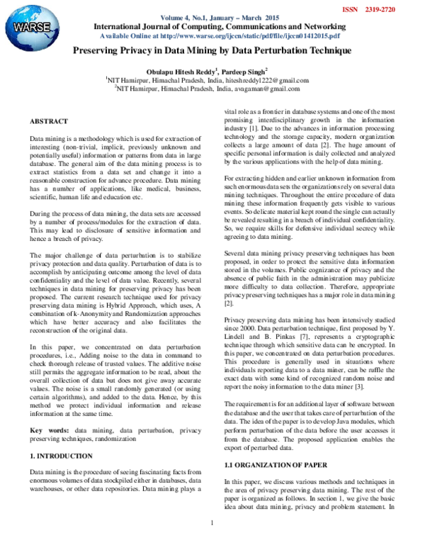 (PDF) Preserving Privacy in Data Mining by Data Perturbation Technique