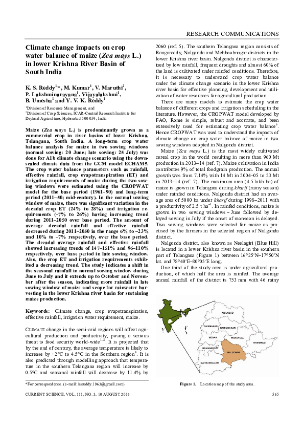 (PDF) Climate Change Impacts on Crop Water Balance of Maize ( Zea mays ...