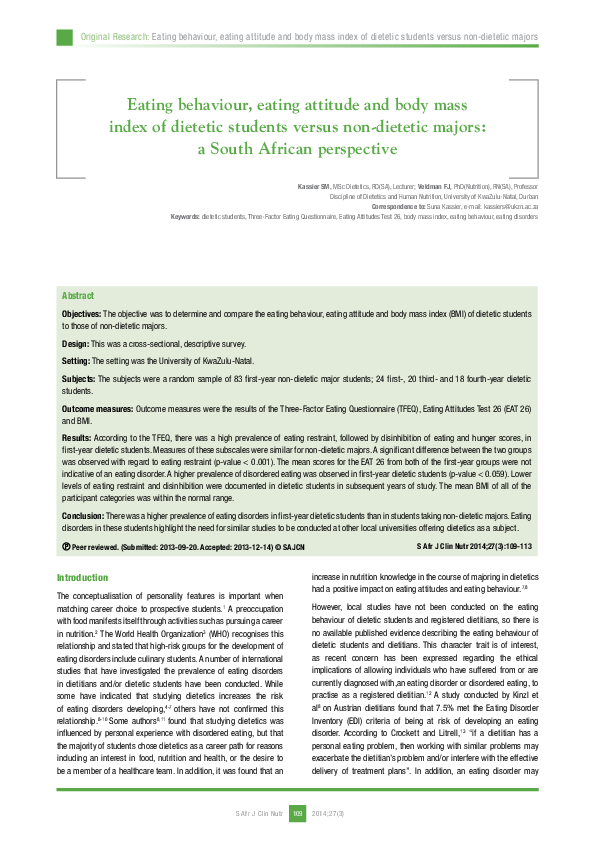 (PDF) Eating behaviour, eating attitude and body mass index of dietetic ...