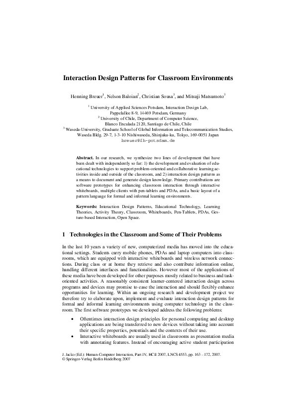 (PDF) Interaction Design Patterns for Classroom Environments