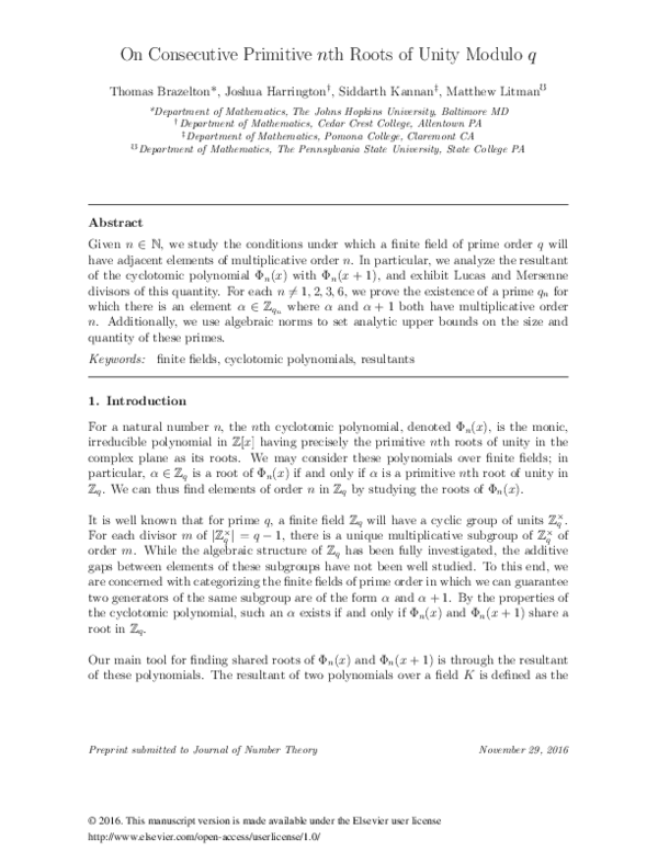 (PDF) On consecutive primitive n th roots of unity modulo q