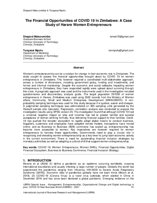 (PDF) The Financial Opportunities of COVID 19 In Zimbabwe: A Case Study ...