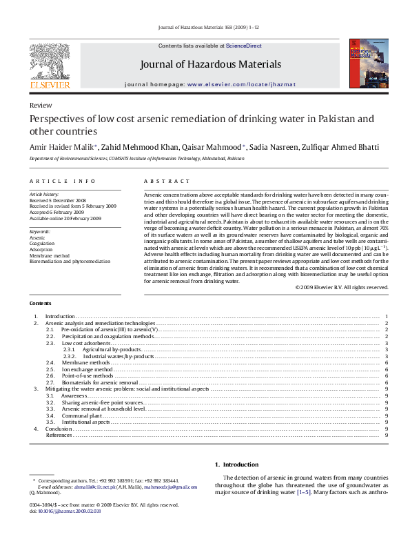 (PDF) Perspectives of Low Cost Arsenic Remediation of Drinking Water In ...