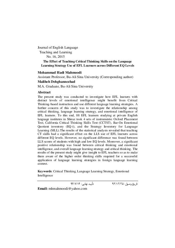 (PDF) The Effect of Teaching Critical Thinking Skills on the Language ...