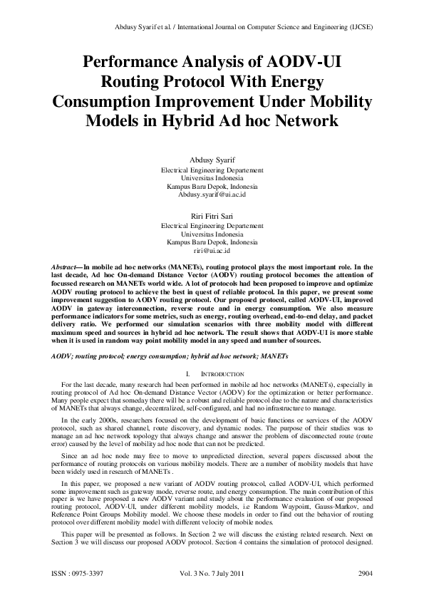 (PDF) Performance analysis of AODV-UI routing protocol with energy ...