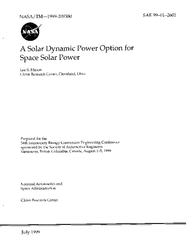 (PDF) A Solar Dynamic Power Option for Space Solar Power