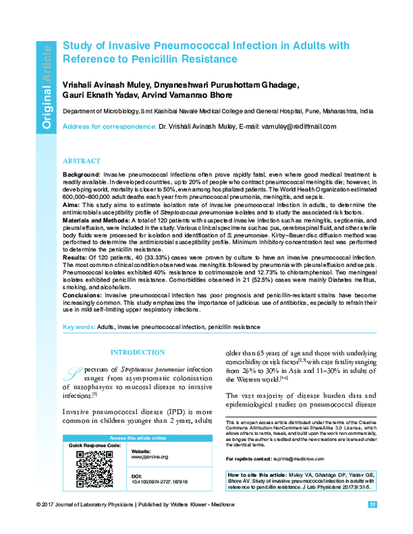 (PDF) Study of Invasive Pneumococcal Infection in Adults with Reference ...