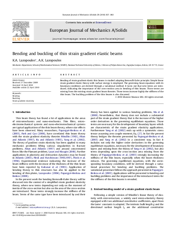(PDF) Bending and buckling of thin strain gradient elastic beams