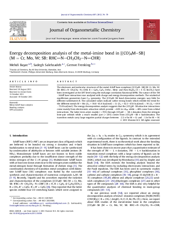 (PDF) Energy decomposition analysis of the metal-imine bond in [(CO) 4M ...
