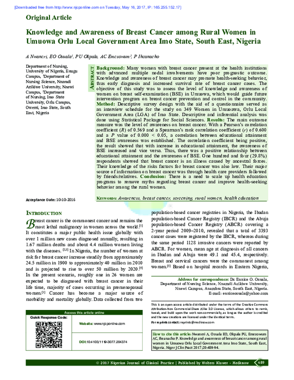 (PDF) Knowledge and awareness of breast cancer among rural women in ...