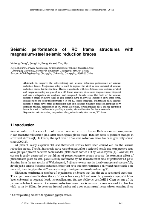(PDF) Seismic performance of RC frame structures with magnesium-steel ...