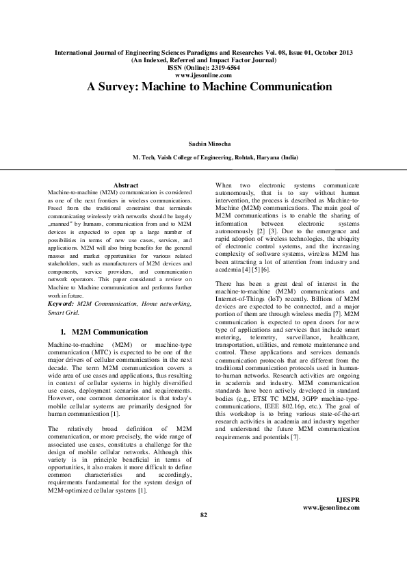 (PDF) A Survey Machine to Machine Communication Sachin Minocha