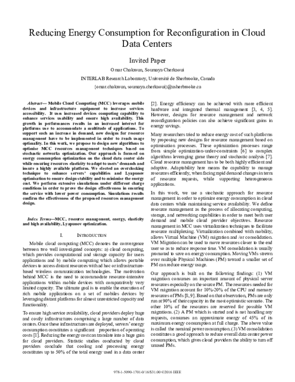 (PDF) Reducing Energy Consumption for Reconfiguration in Cloud Data Centers
