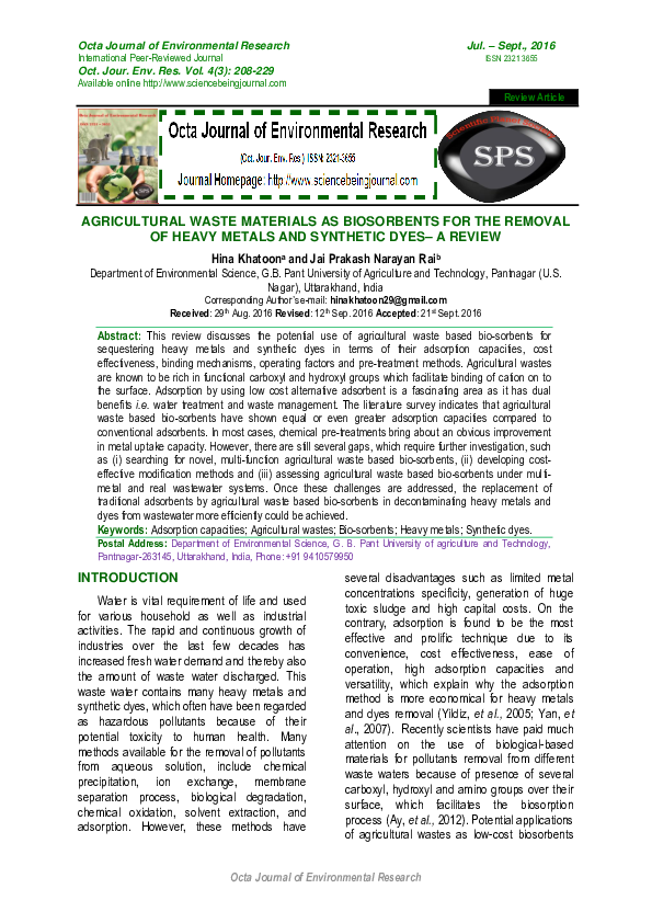 (PDF) Agricultural Waste Materials as Biosorbents for the Removal of ...