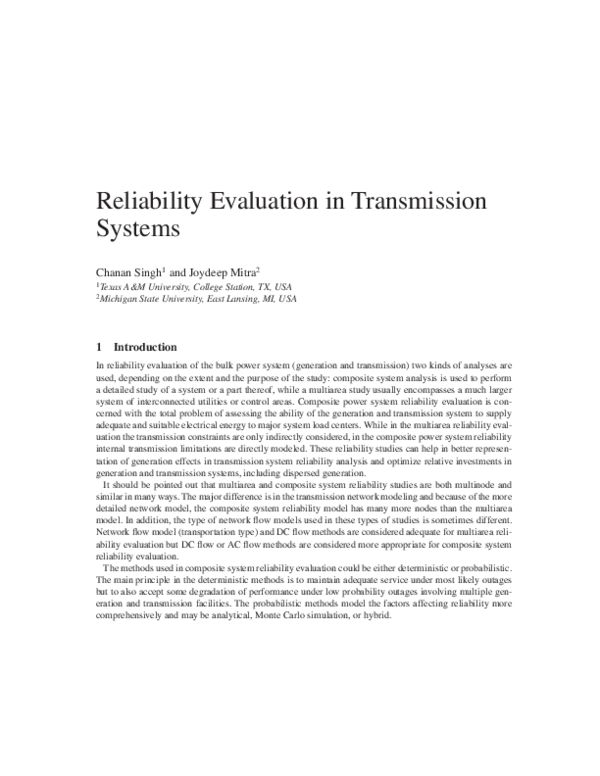(PDF) Reliability Evaluation in Transmission Systems