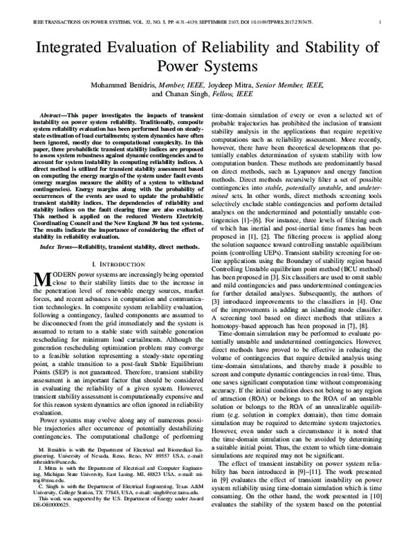(PDF) Integrated Evaluation of Reliability and Stability of Power Systems