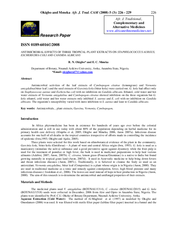 (PDF) Antimicrobial Effects Of Three Tropical Plant Extracts On ...