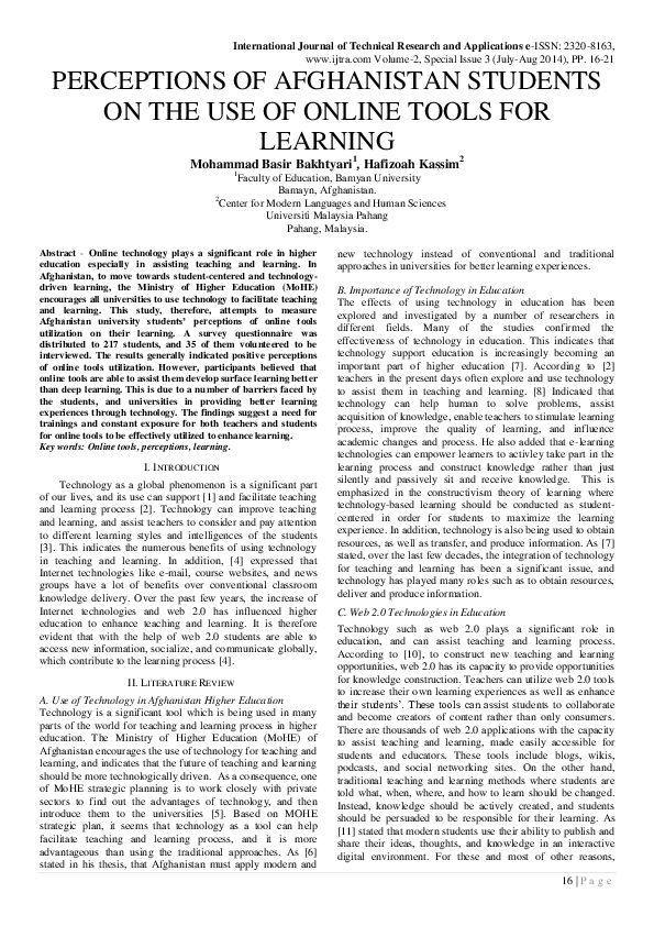 (PDF) Perceptions of Afghanistan Students on the Use of Online Tools ...